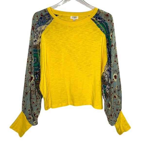 Umgee M Womens Mixed Media Floral Sleeve Top Butter Yellow - Picture 1 of 8